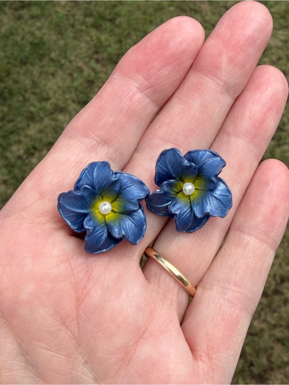 Navy Floral Stud Earrings - Picture 5 of 5